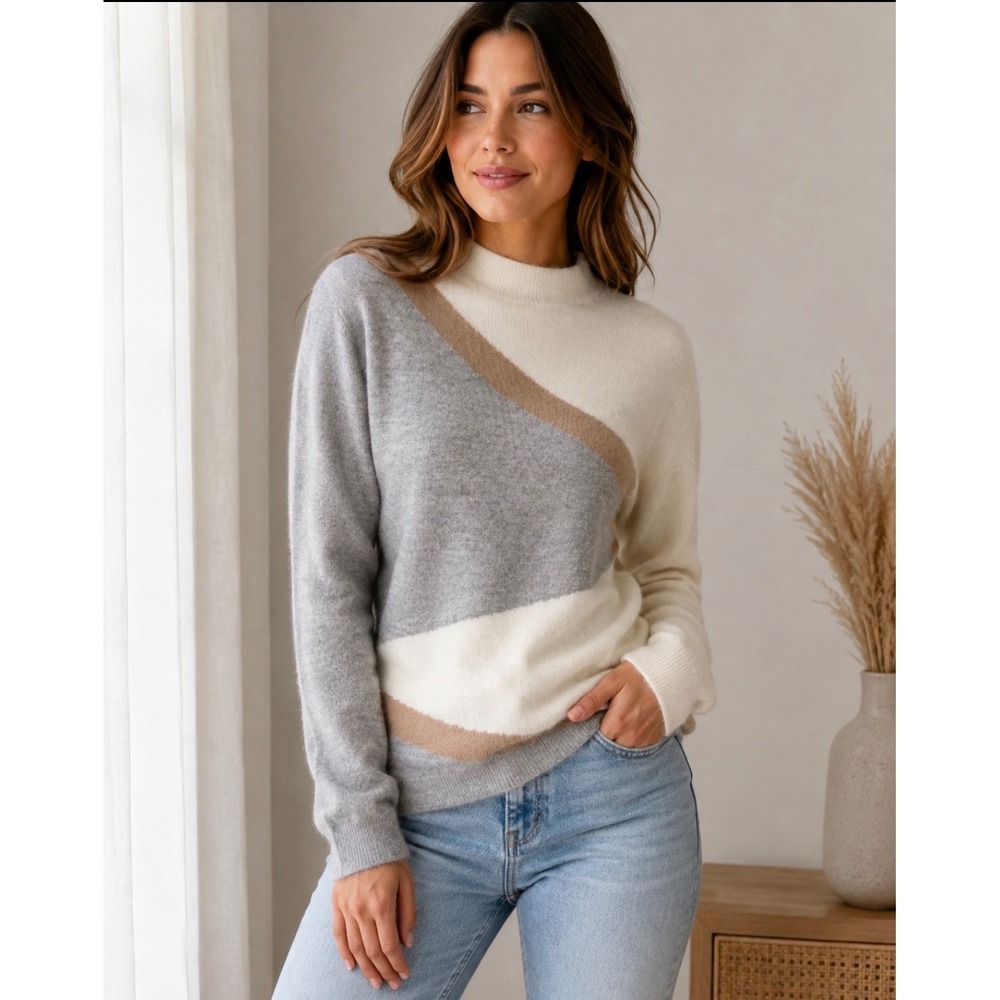Neiman Marcus 100% Cashmere Colorblock Sweater Gray Cream Tan M